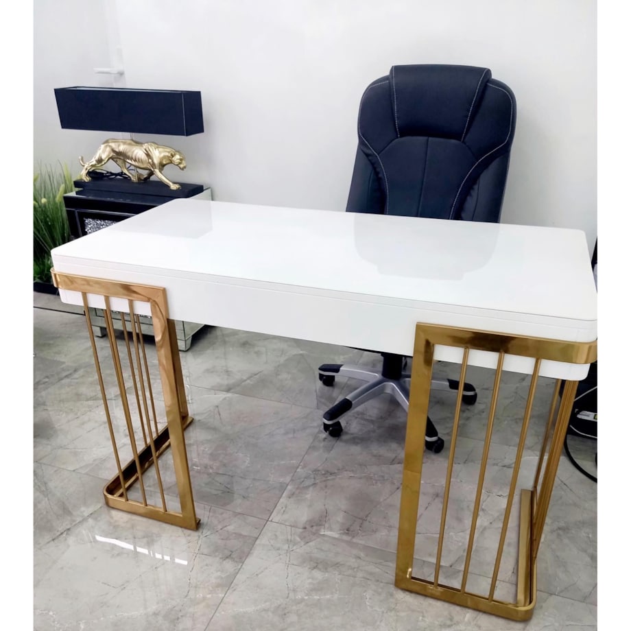 Nowoczesne białe złote biurko do gabinetu / do biura ze stali nierdzewnej Luxury Premium 140x70x75 / 2 szuflady