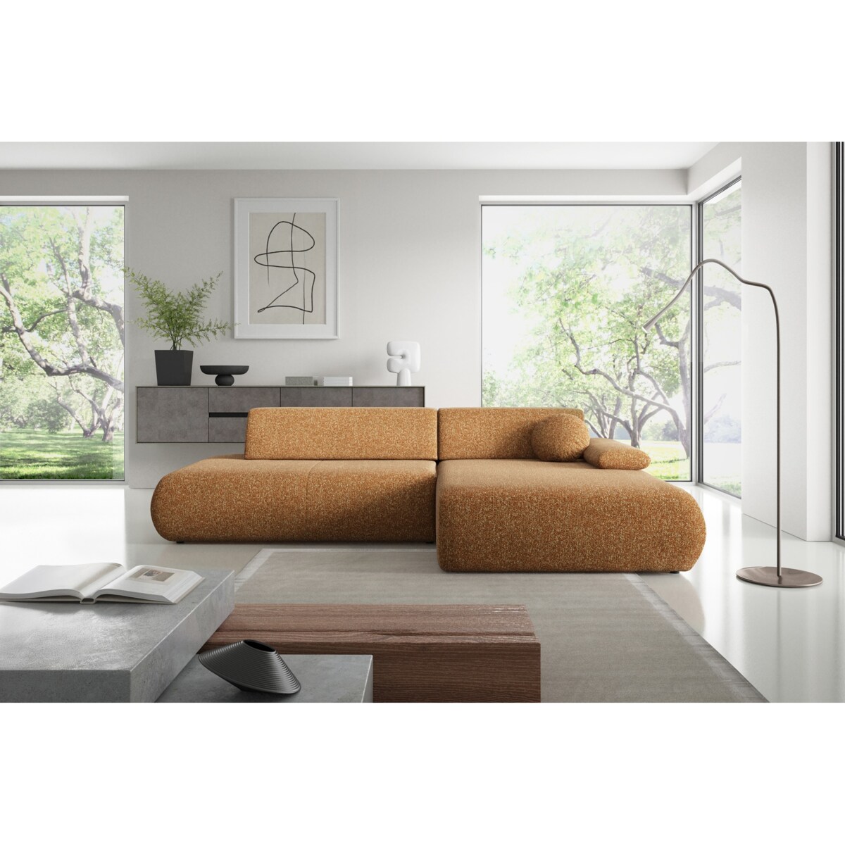 Narożnik rozkładany PENTI z pojemnikiem na pościel, prawy, pomarańczowy