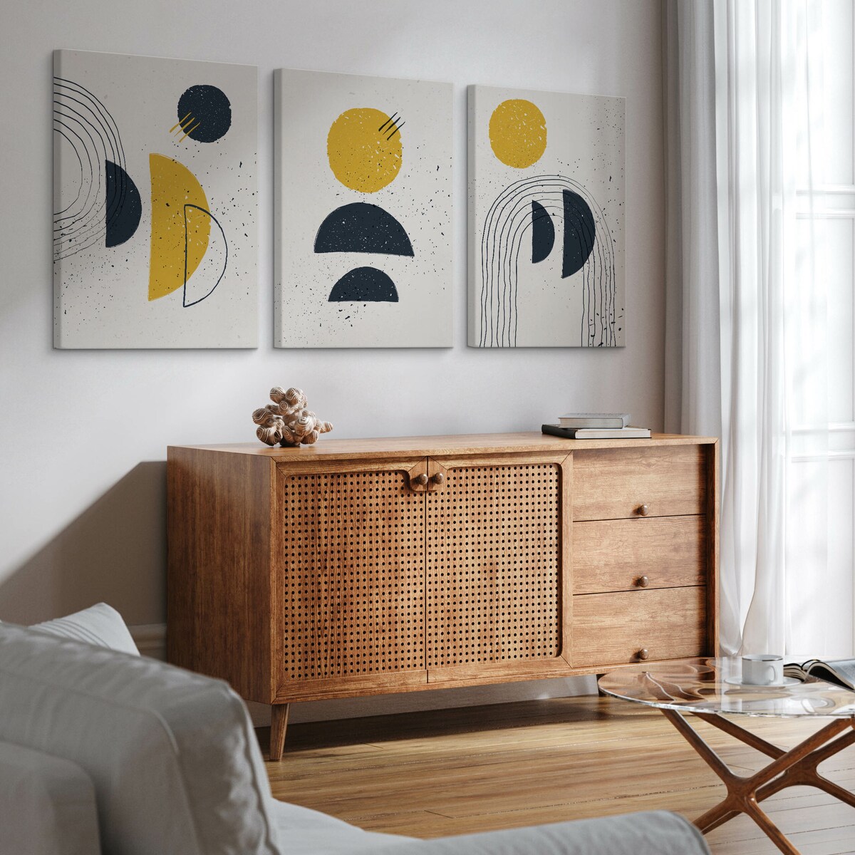 OBRAZY NA PŁÓTNIE SET ABSTRAKCJA FIGURY GEOMETRYCZNE STYL BOHO 90x40cm