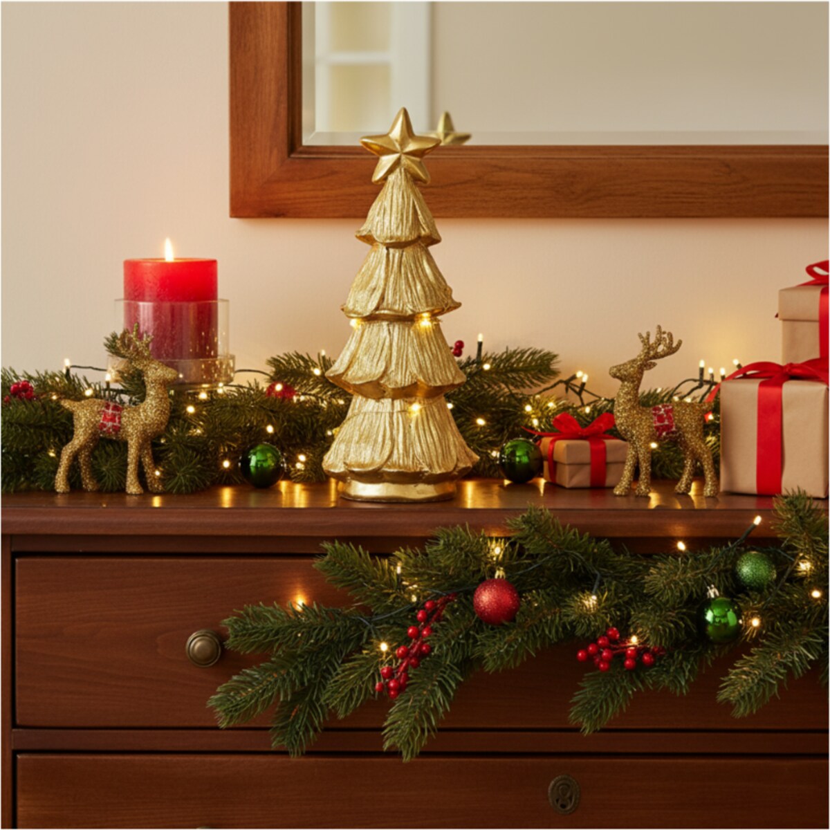 Choinka Led Złota Świecąca Figurka 15,5 Cm Ozdobna Dekoracja Świąteczna Na Baterie