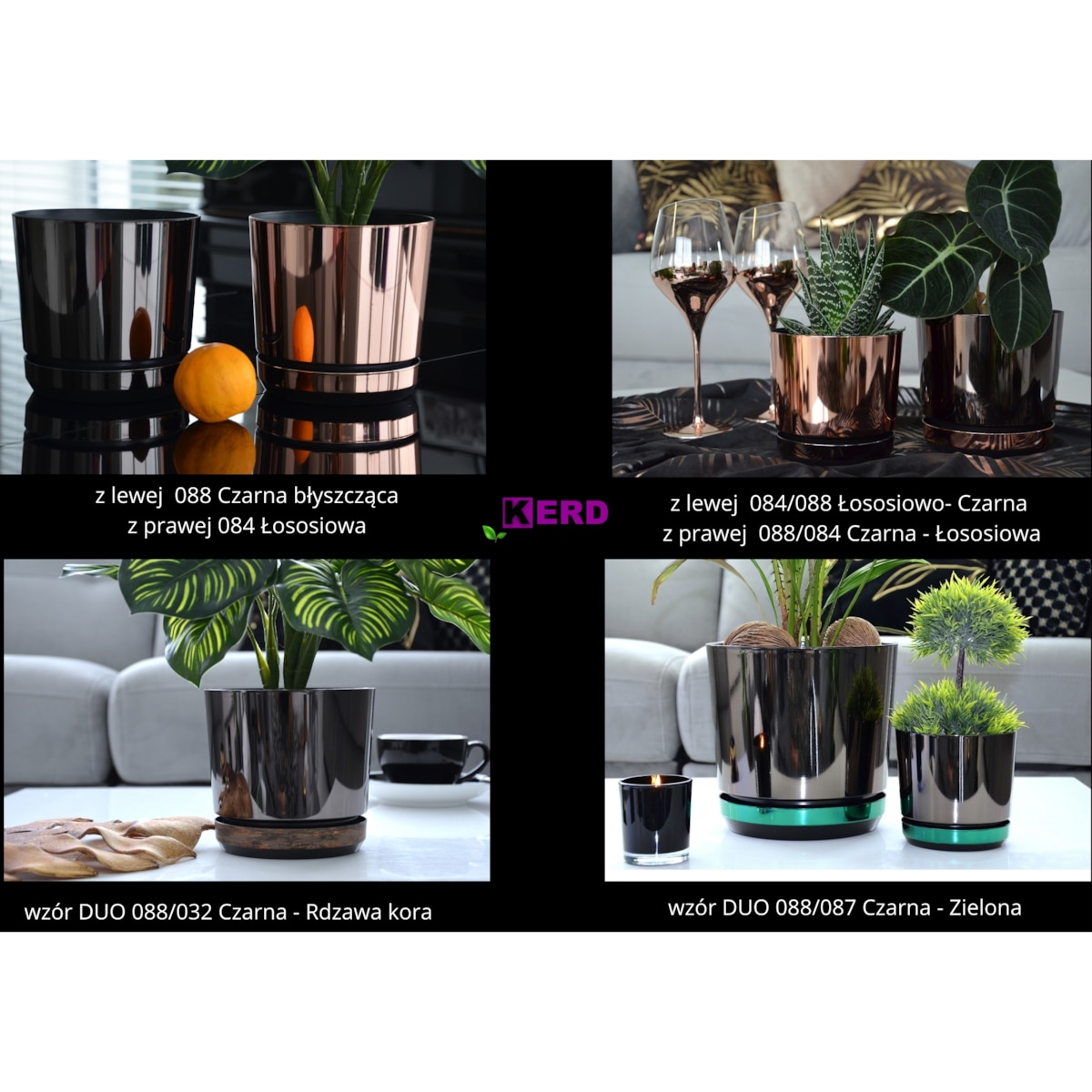 14 Doniczka DUO CZARNA z podstawką ZIELONA dwukolorowa nowoczesna industrialny loft glamour wysoki połysk metaliczna elegancka