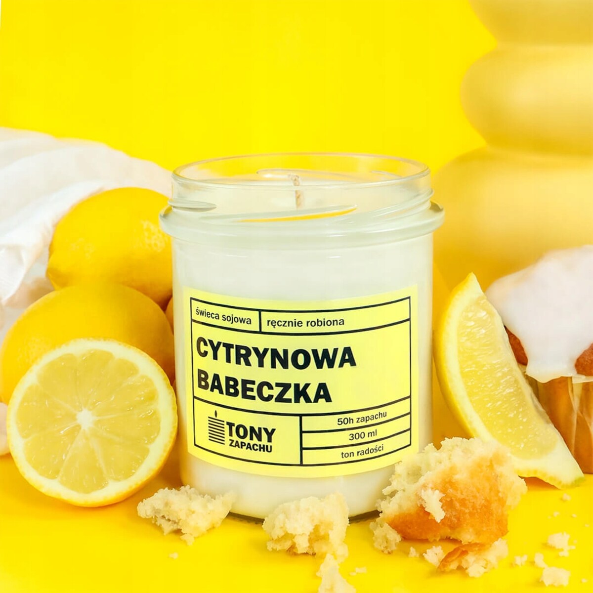 Naturalna ręcznie robiona świeca sojowa zapachowa w szkle CYTRYNOWA BABECZKA 50h palenia 300ml - prezent upominek dla kobiety mamy dziewczyny żony babci niej