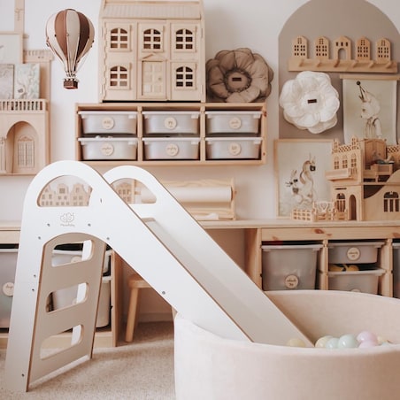 MeowBaby® Drewniana Zjeżdżalnia dla Dziecka do pokoju 87x46cm Montessori, Biała
