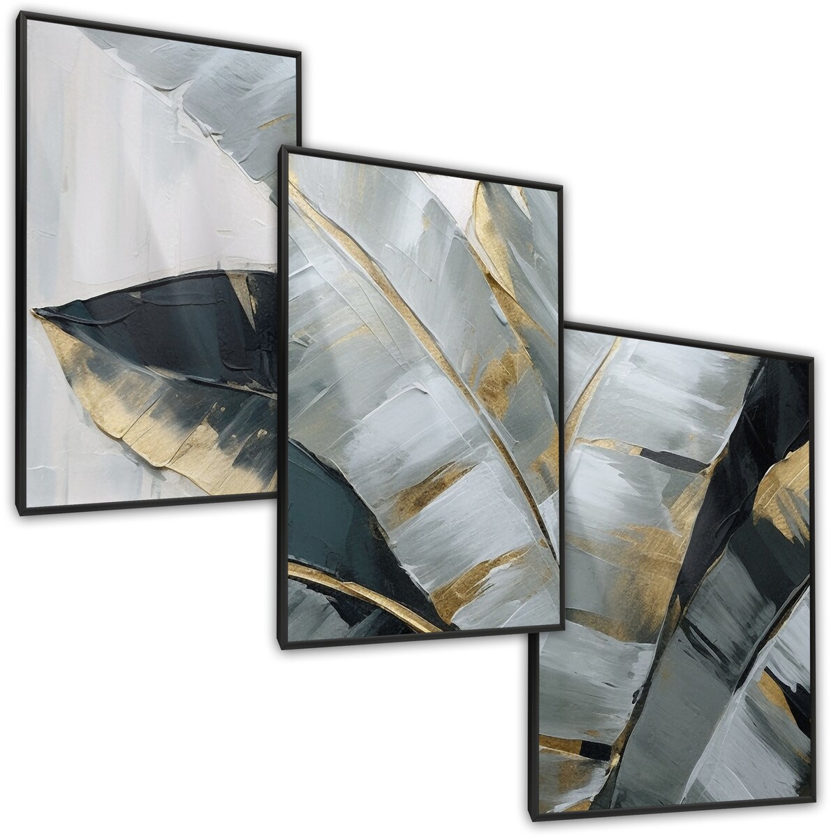ZESTAW 3X PLAKAT W RAMIE DO SALONU MALOWANE LIŚCIE TROPIKALNE NATURA 60x80cm