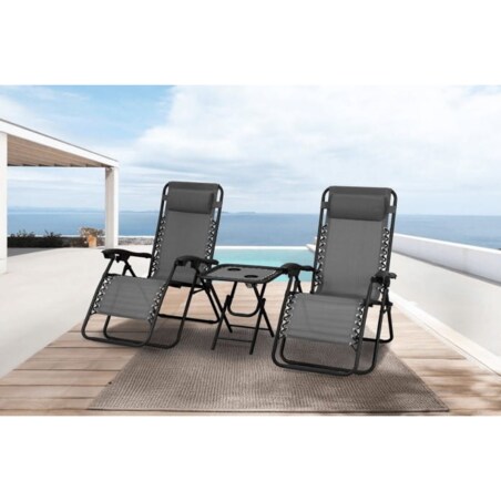 Leżaki ogrodowe zestaw Delux szary z czarną ramą ze stolikiem
