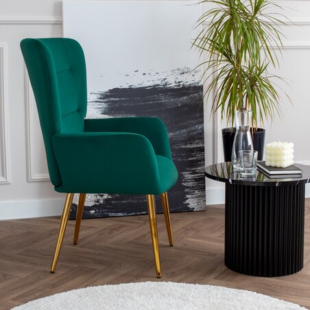Fotel uszak do salonu wypoczynkowy welurowy tapicerowany zielony złote nogi