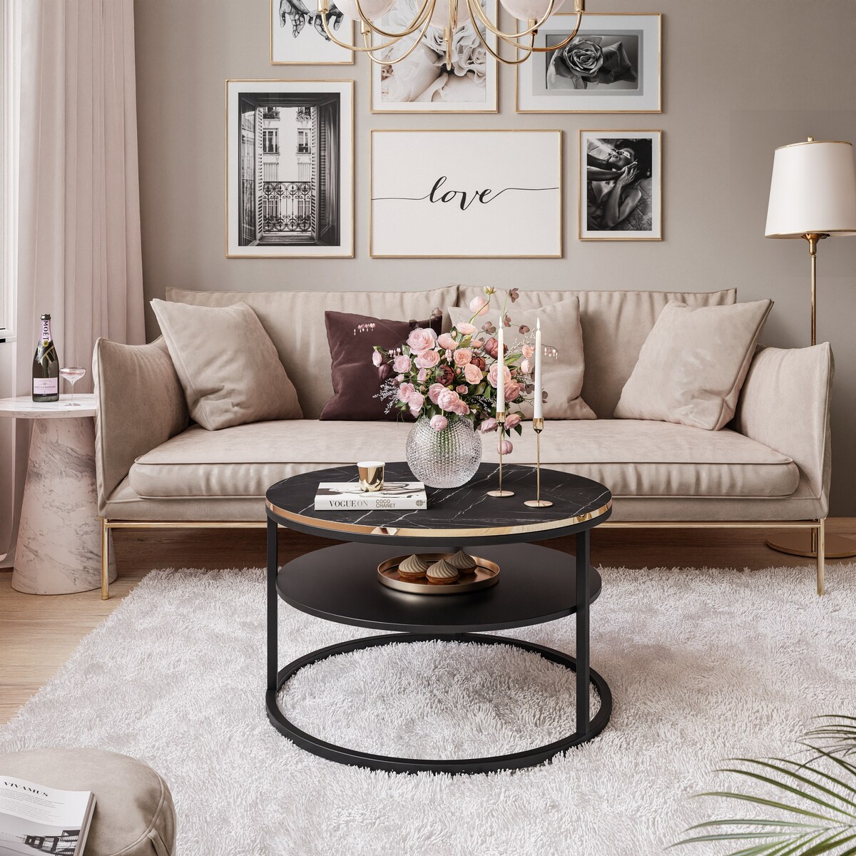 Okrągły stolik kawowy COREIL z półką czarny grigia pietra