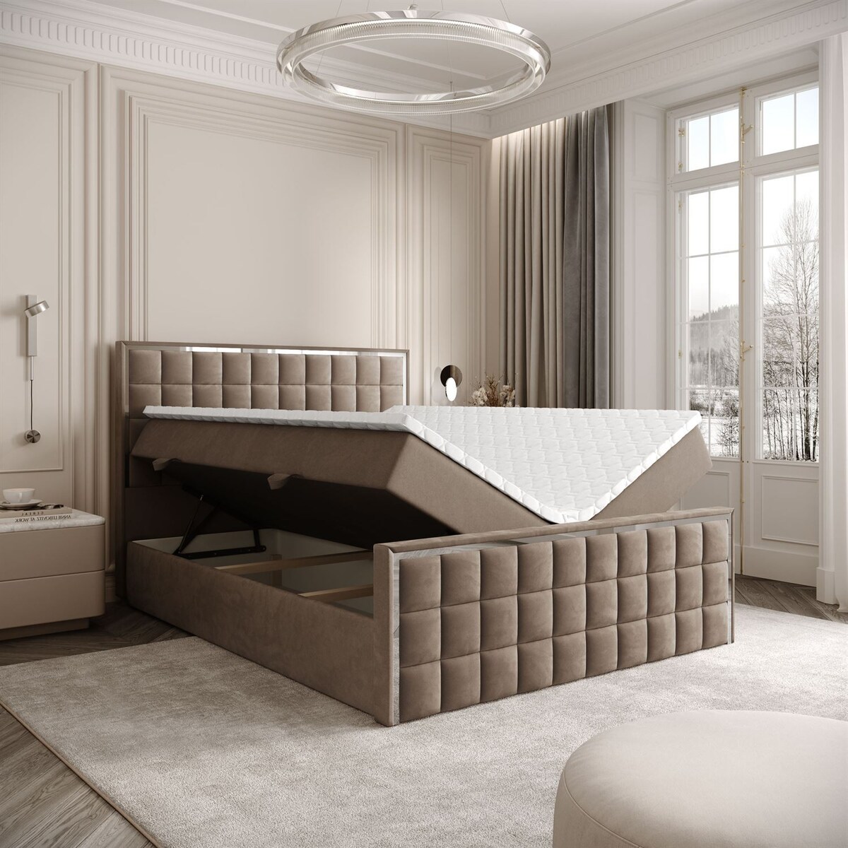 Łóżko kontynentalne ISADORA II SILVER, pojemnik na pościel, 140x200, RV 176, topper