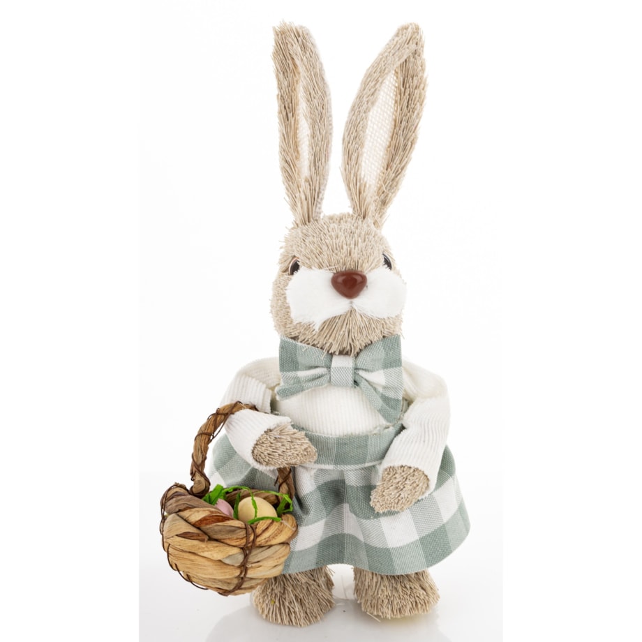 Figurka - króliczek z wielkanocnym koszyczkiem 23,5x11x13 cm w sukience w biało-niebieską kratkę