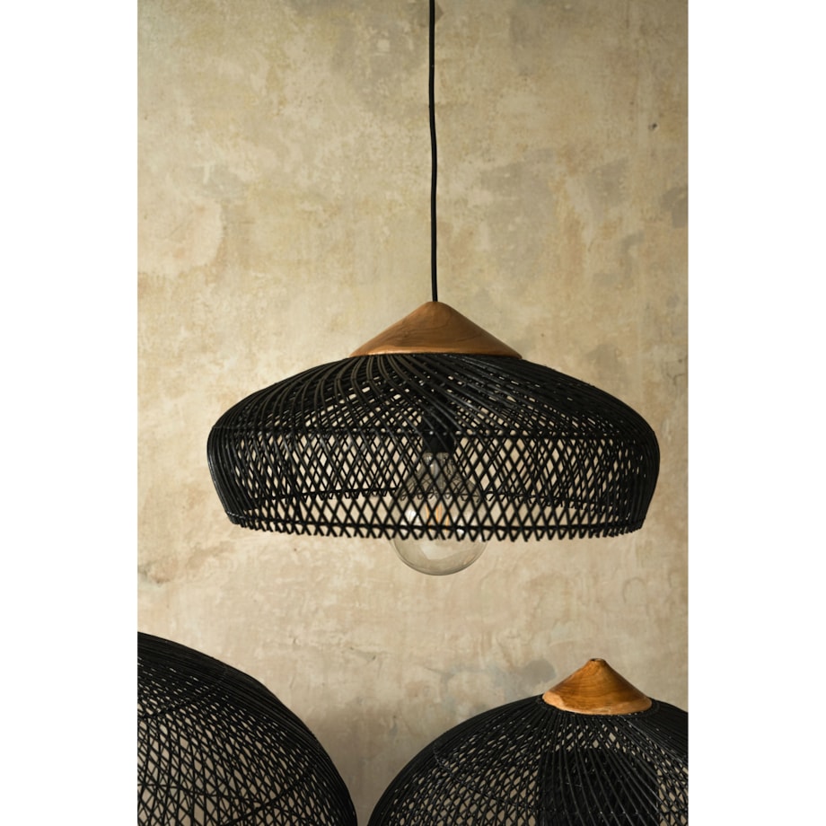 Rattanowa lampa z drewnem teakowym BONNET w rozmiarze L - czarna