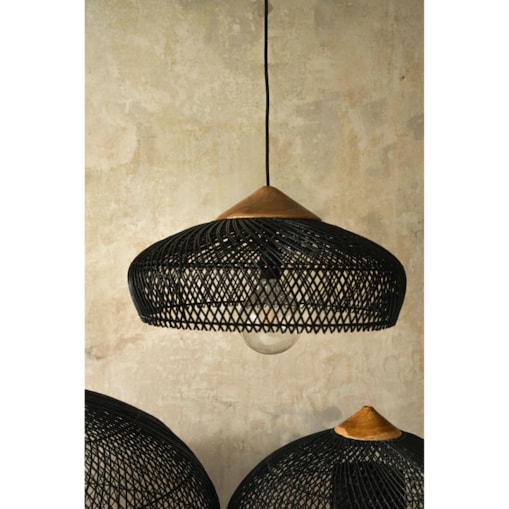 Rattanowa lampa z drewnem teakowym BONNET w rozmiarze L - czarna