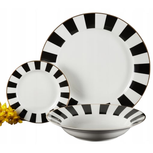 SERWIS OBIADOWY 6 osób W PASKI biało czarne talerze elegancki na prezent