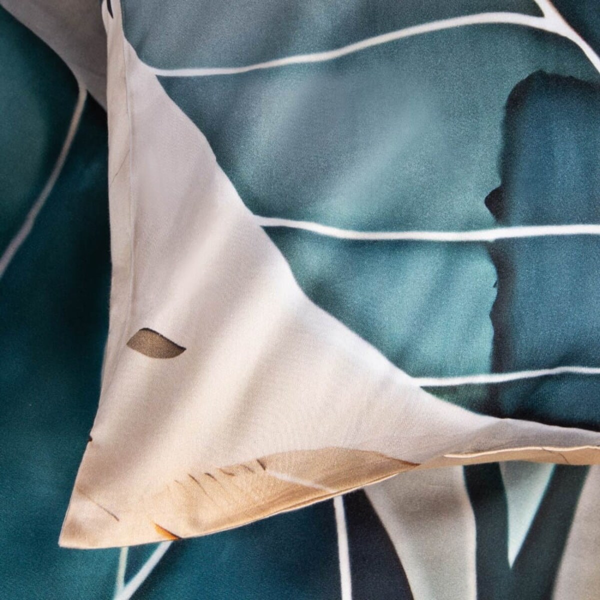 Pościel satyna bawełniana 220x200 Satynlove Premium Liście złote i turkusowe