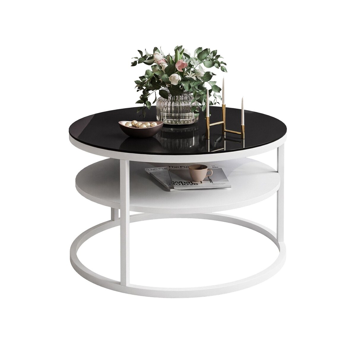 Stolik kawowy CIRI SLIM z półką biały czarne szkło