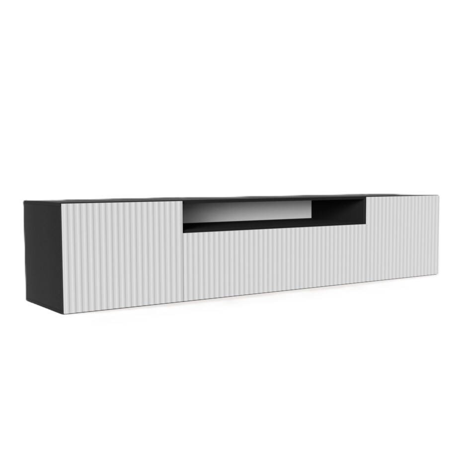 Szafka RTV NOELI, wisząca z ryflowanymi frontami do salonu- biało-czarna
