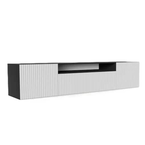 Szafka RTV NOELI, wisząca z ryflowanymi frontami do salonu- biało-czarna
