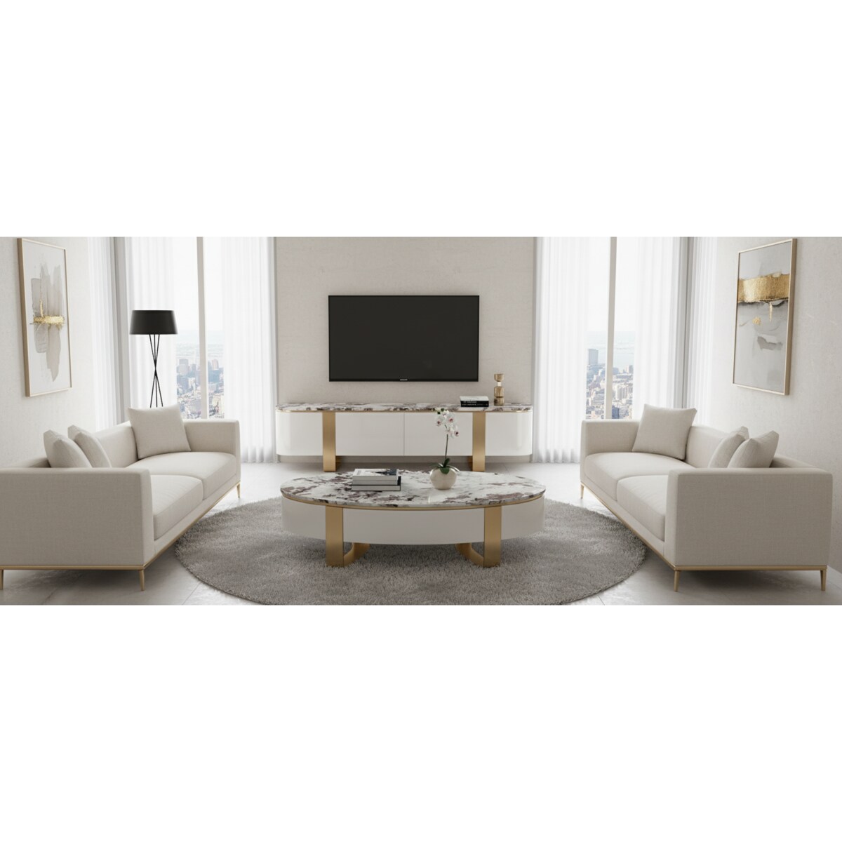 Stolik kawowy biały/ ława Sofia na złotych nogach z kamiennym blatem 150x80x38