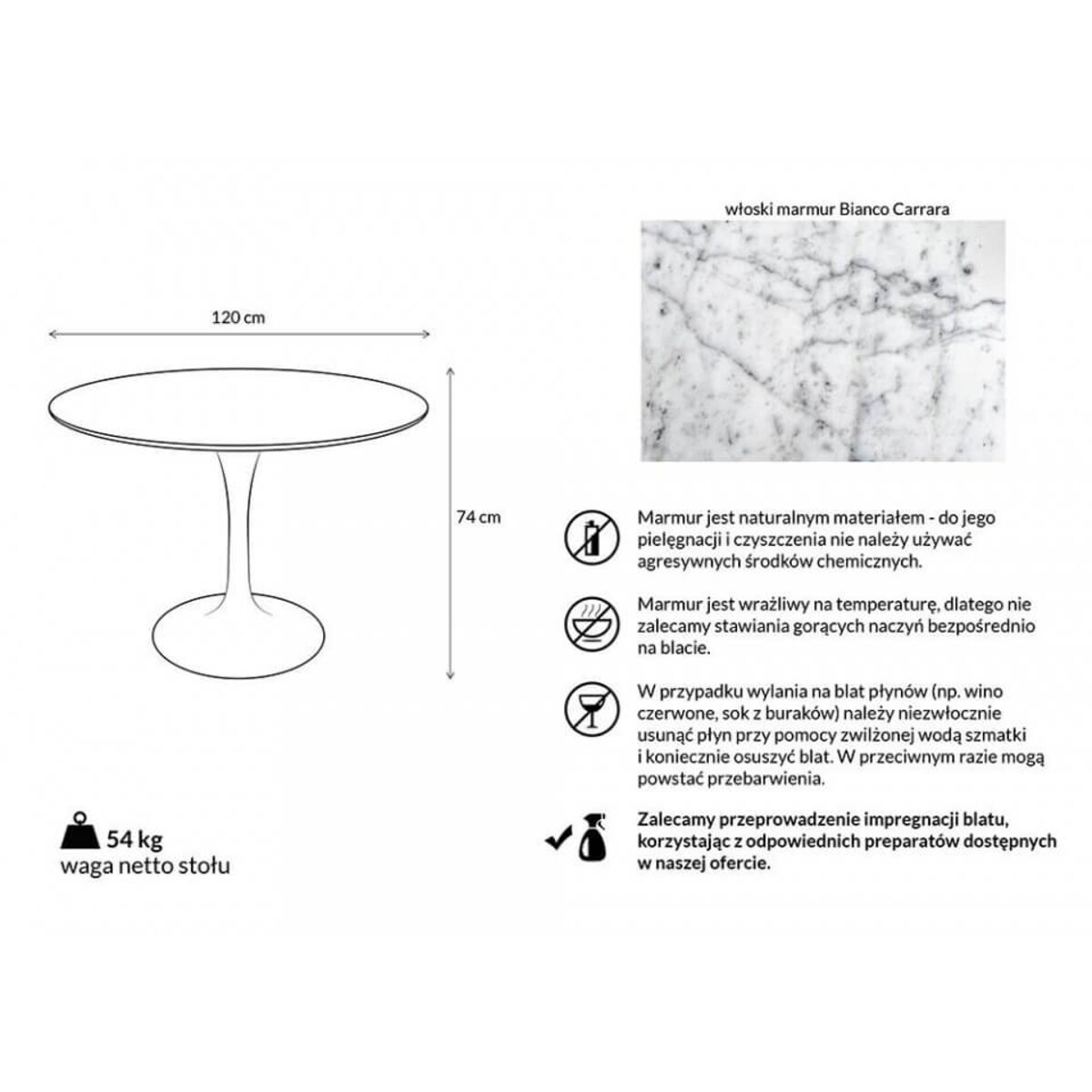 Okrągły stół Tulip GT-09M.FI120 King Home 120 cm marmurowy blat metal biały