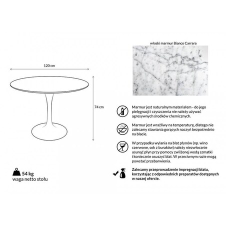 Okrągły stół Tulip GT-09M.FI120 King Home 120 cm marmurowy blat metal biały