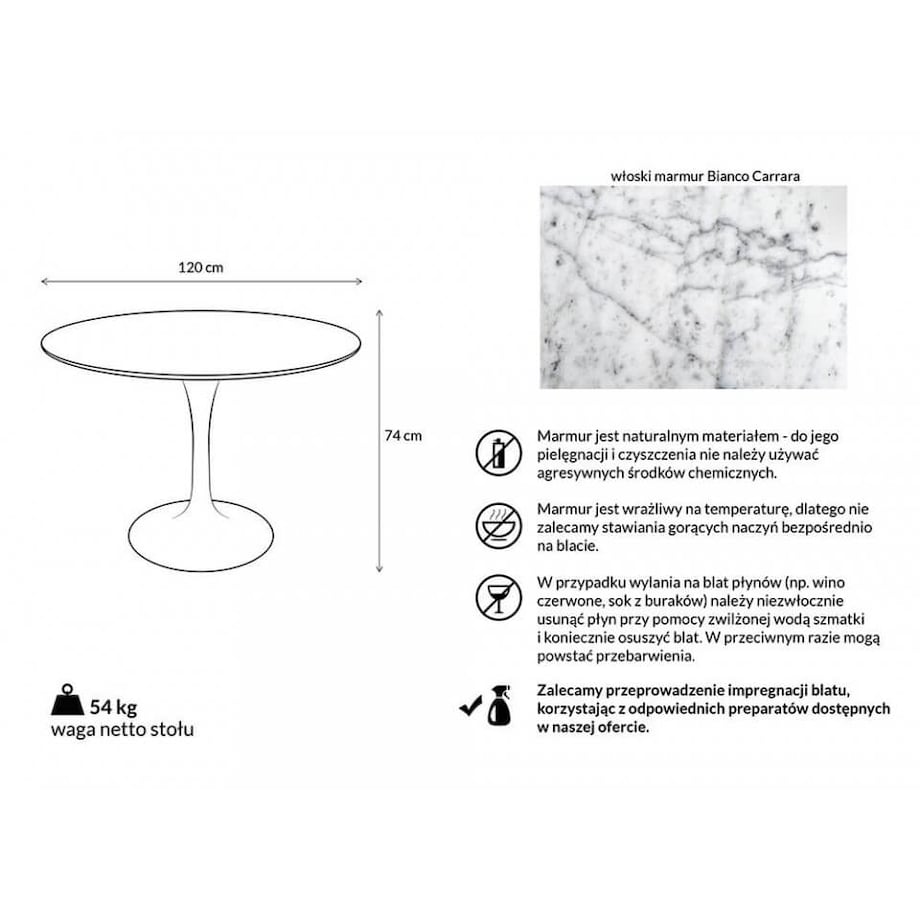 Okrągły stół Tulip GT-09M.FI120 King Home 120 cm marmurowy blat metal biały