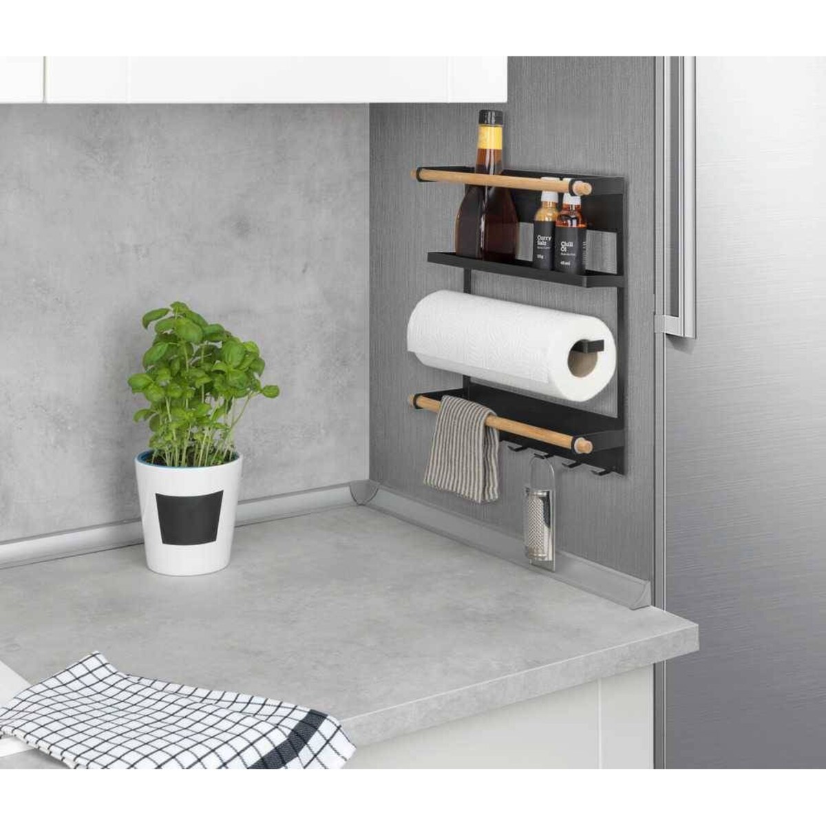 Wielofunkcyjna półka kuchenna MAGNA z uchwytem na ręcznik papierowy i haczykami, montaż bez wiercenia, WENKO