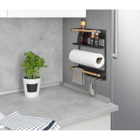 Wielofunkcyjna półka kuchenna MAGNA z uchwytem na ręcznik papierowy i haczykami, montaż bez wiercenia, WENKO