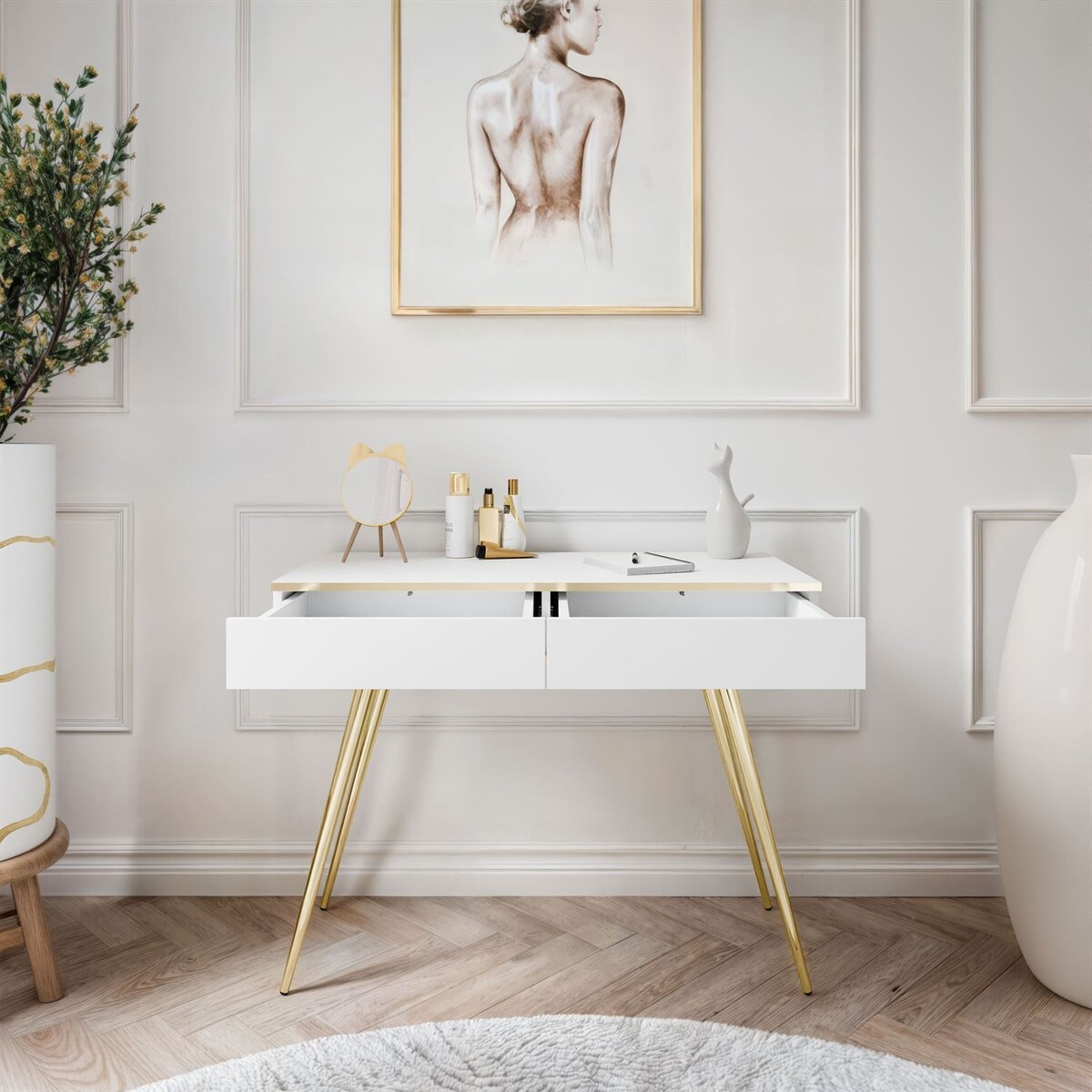 Konsola OXFORD z szufladami na złotym stelażu, biały mat