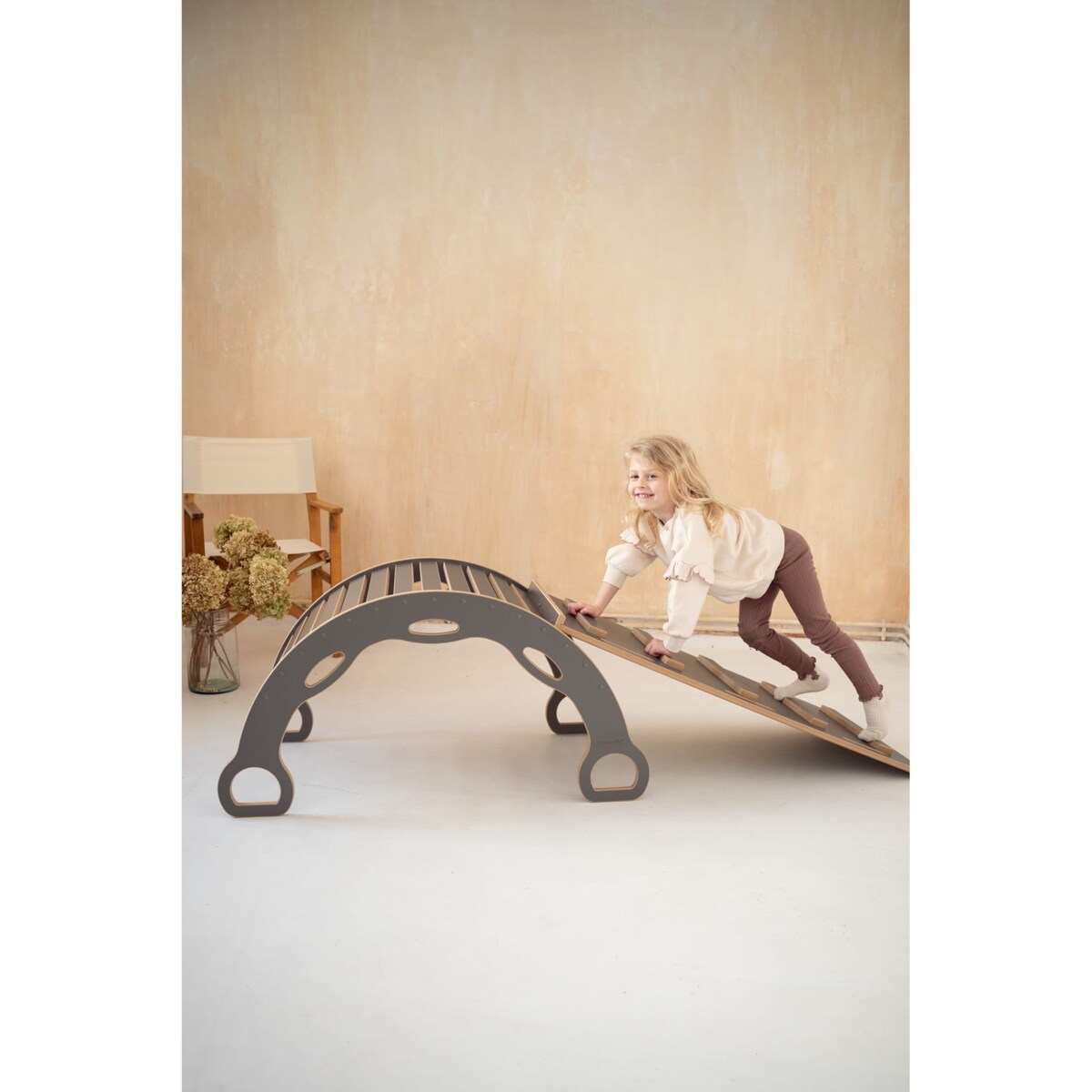 DUŻY bujak montessori z uchwytami + DUŻA zjeżdżalnia DRABINKA - szary