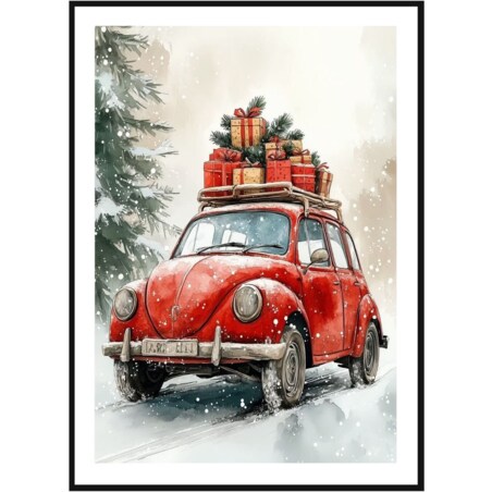 Poster Story, Plakat, Obraz - Świąteczna Podróż Czerwonym Garbusem z Prezentami, wymiary 21 x 30 cm