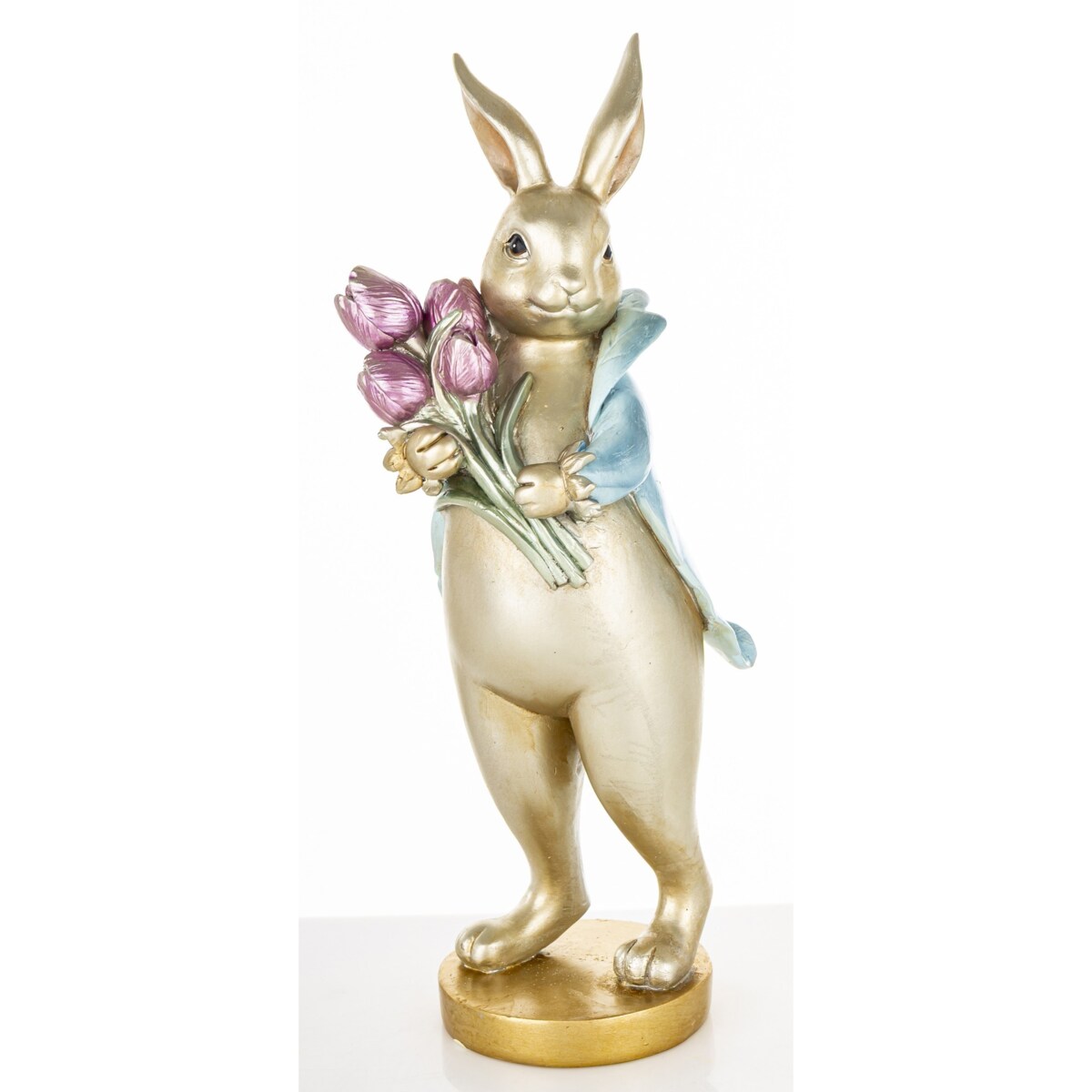 Dekoracja - królik z bukietem tulipanów 31x10x11 cm w niebieskim płaszczu