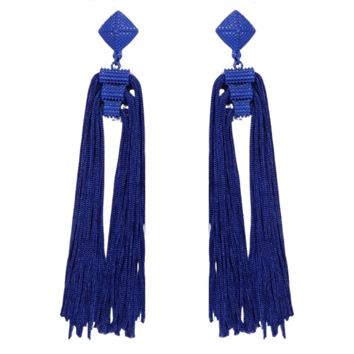 Niebieskie długie 14cm kolczyki frędzle Kwadraty wiszące granatowe DAMSKIE