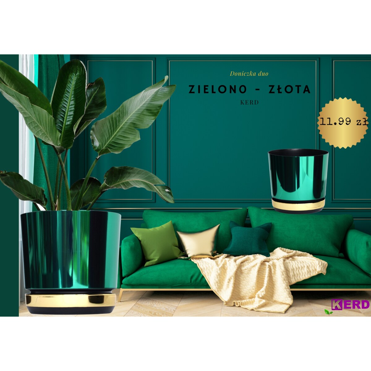 32 Doniczka DUO ZIELONA z podstawką CZARNA dwukolorowa nowoczesna glamour wysoki połysk metaliczna elegancka dużą donica