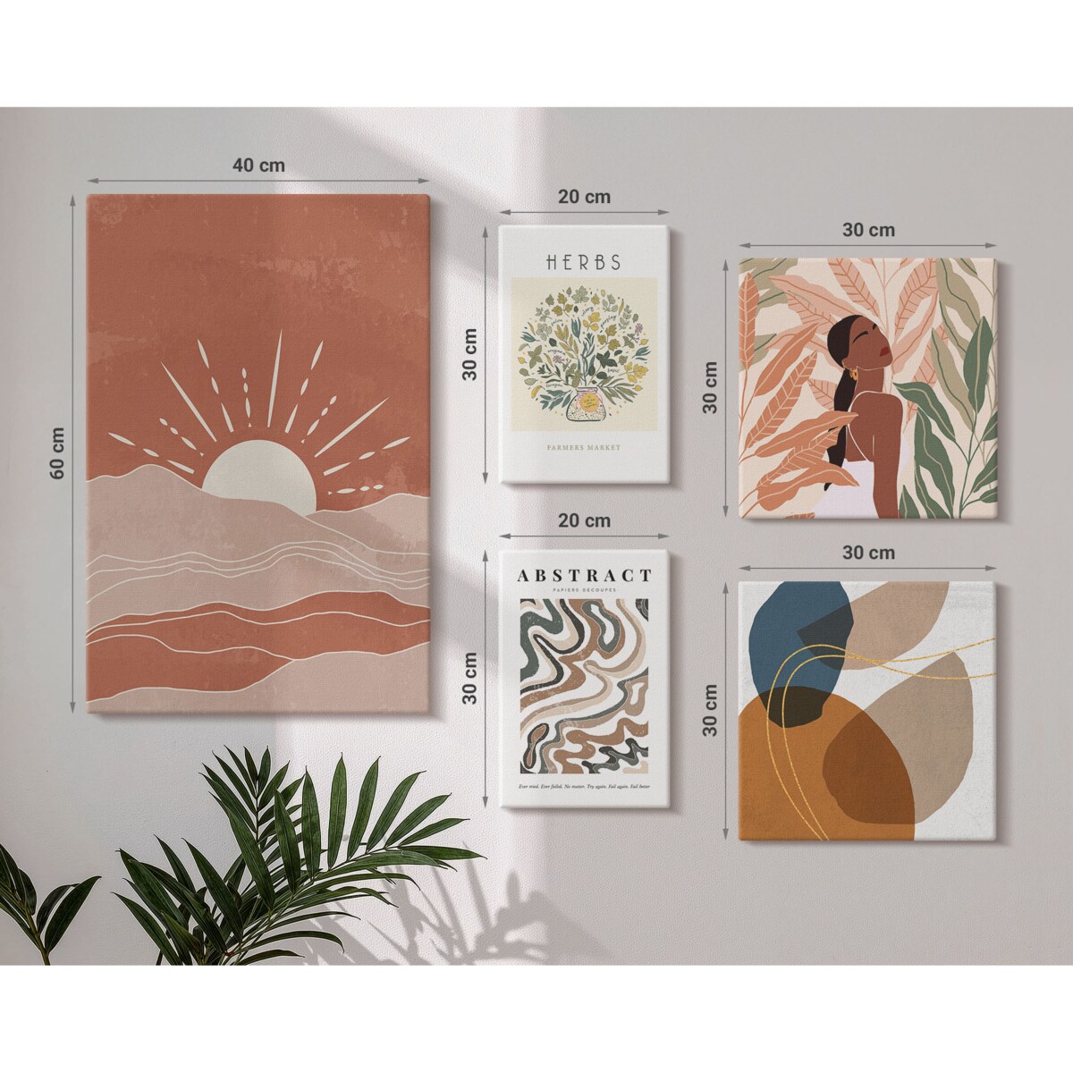 Zestaw 5 obrazów na płótnie - Styl boho roślinne motywy abstrakcyjne - brązowy