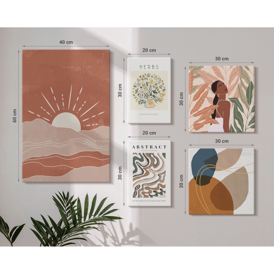 Zestaw 5 obrazów na płótnie - Styl boho roślinne motywy abstrakcyjne - brązowy