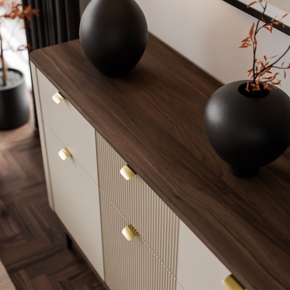 Komoda AUTUMN 3D3S na wysokich nóżkach, kaszmir / orzech