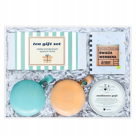 ZESTAW BIG BOX "TEA GIFT SET" - HERBATY SYPANE ŚWIECA SOJOWA KUBKI Z ZAPARZACZAMI NA PREZENT UPOMINEK DLA KOBIETY FACETA DZIEWCZYNY CHŁOPAKA MAMY TATY BABCI DZIADKA