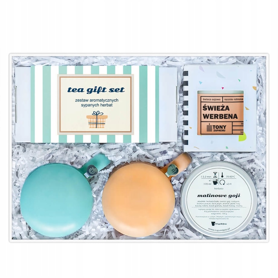 ZESTAW BIG BOX "TEA GIFT SET" - HERBATY SYPANE ŚWIECA SOJOWA KUBKI Z ZAPARZACZAMI NA PREZENT UPOMINEK DLA KOBIETY FACETA DZIEWCZYNY CHŁOPAKA MAMY TATY BABCI DZIADKA