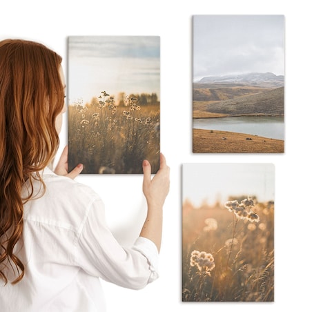 Zestaw 3 małych obrazów na płótnie - Krajobrazy łąki góry jezioro - brązowy