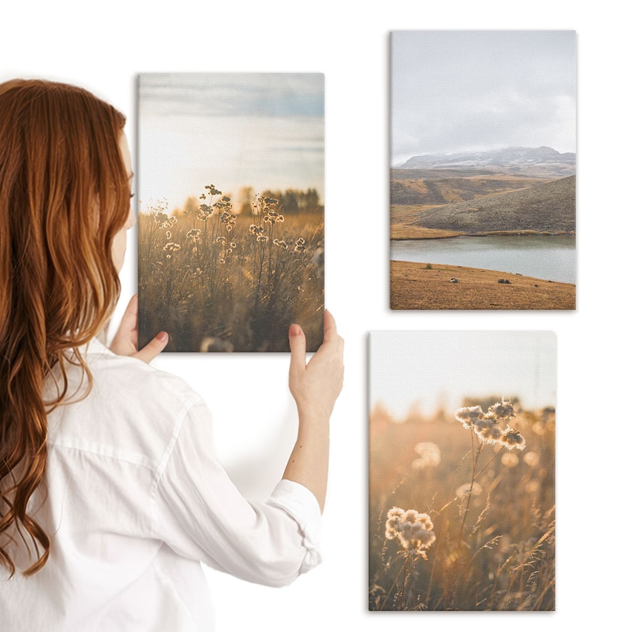 Zestaw 3 małych obrazów na płótnie - Krajobrazy łąki góry jezioro - brązowy