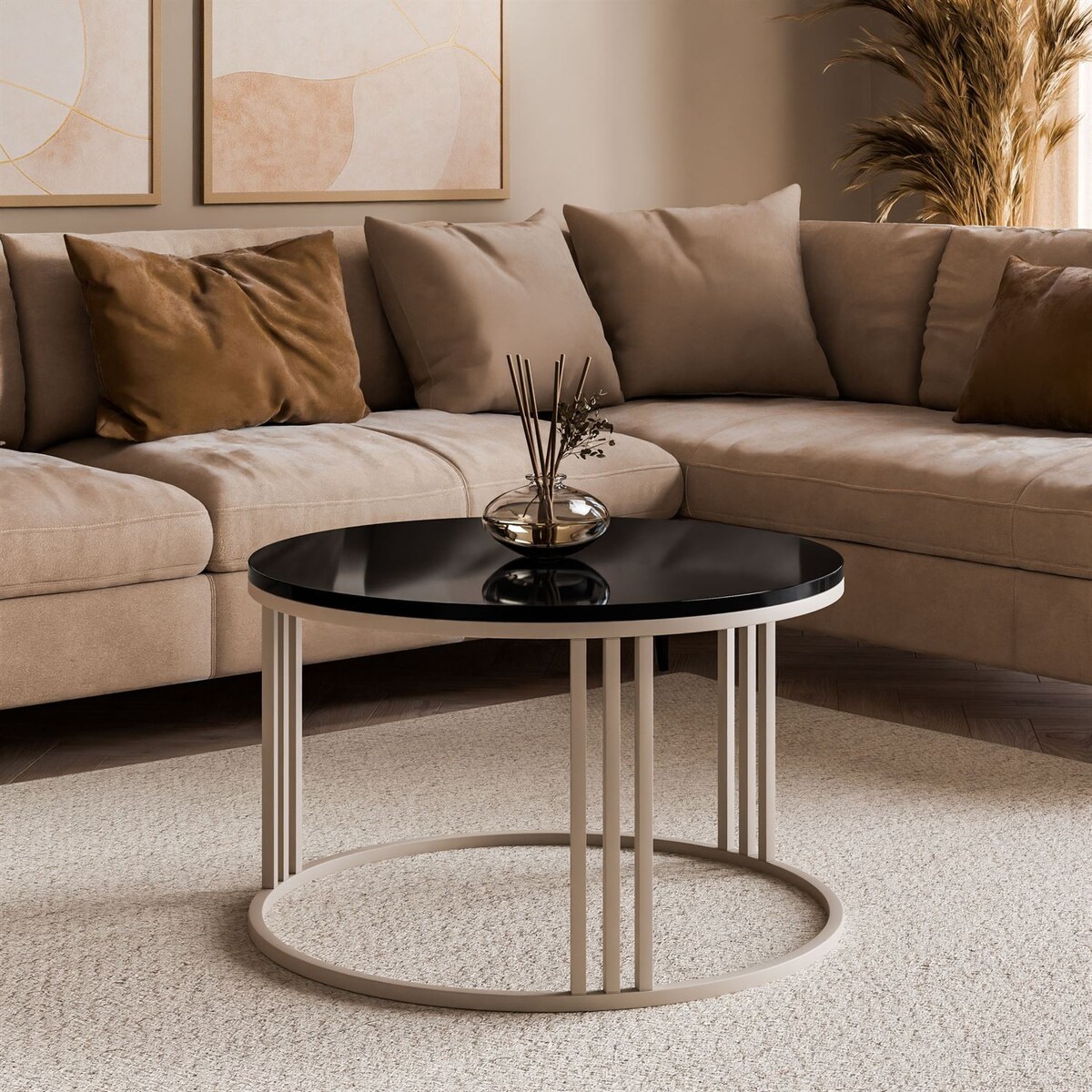 Okrągły stolik kawowy LORI POŁYSK na kaszmirowym stelażu, blat czarny połysk