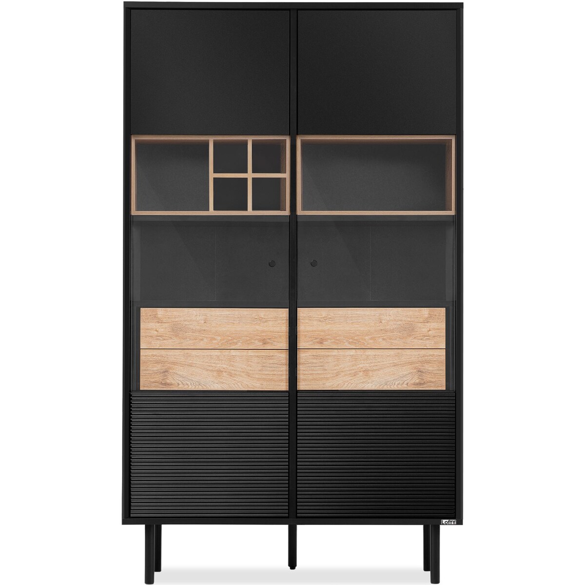 KONSIMO LOFTY Witryna na drewnianych nogach z ryflowanym przodem