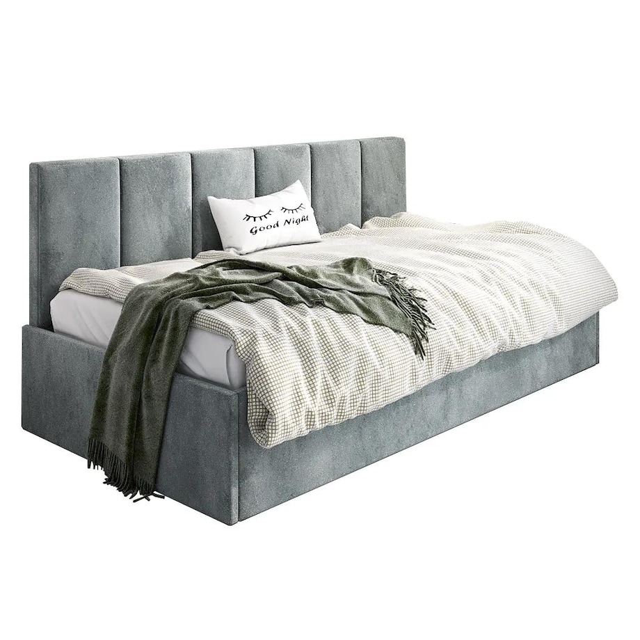 Łóżko młodzieżowe SORA 90x200 szare z tapicerowanym panelem i pojemnikiem na pościel