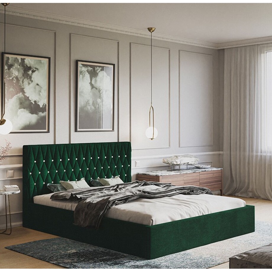 Łóżko jednoosobowe 120x200 OLDO 3 guziki kryształki- butelkowa zieleń
