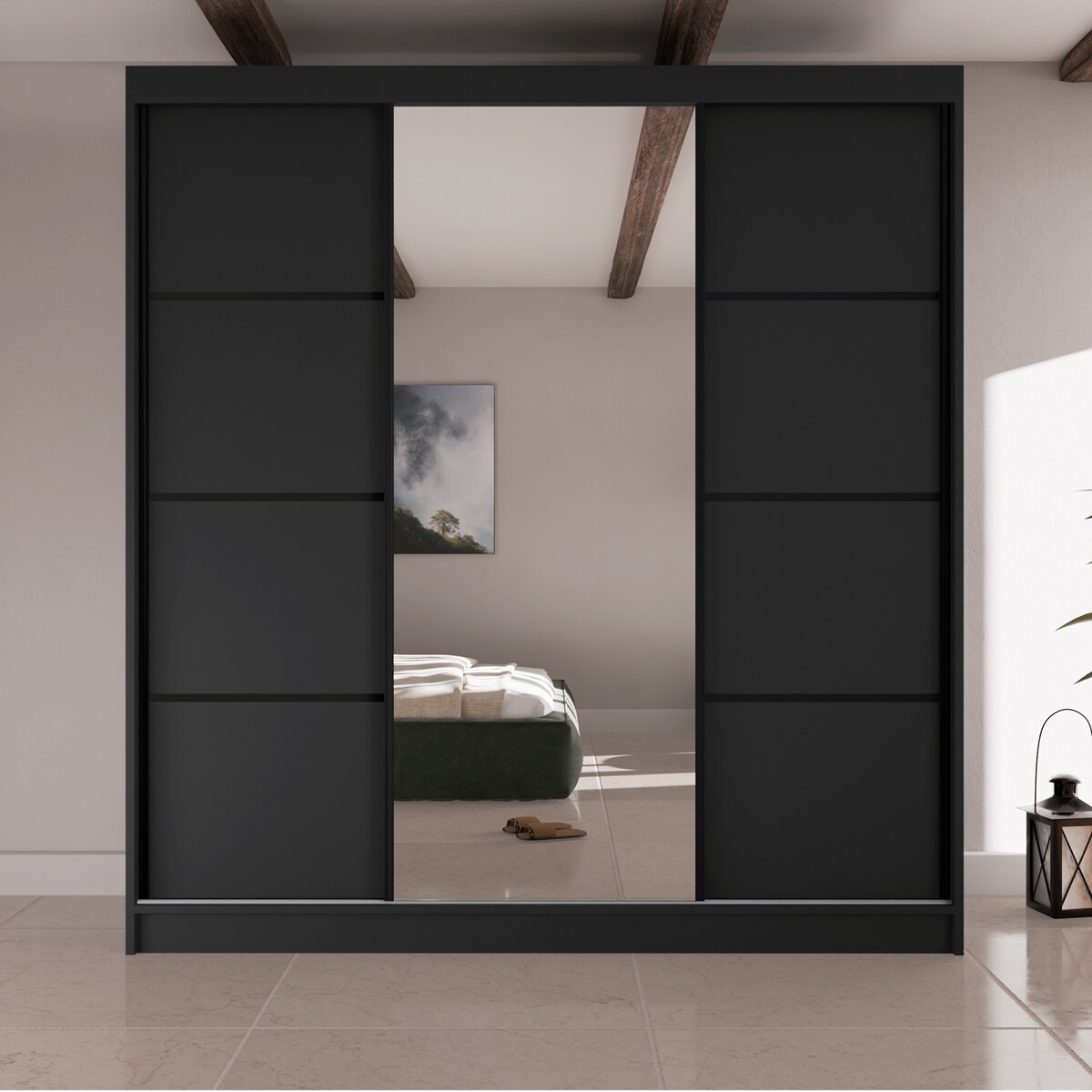 Szafa przesuwna Filo V200 z lustrem, czarne szprosy na frontach - czarna