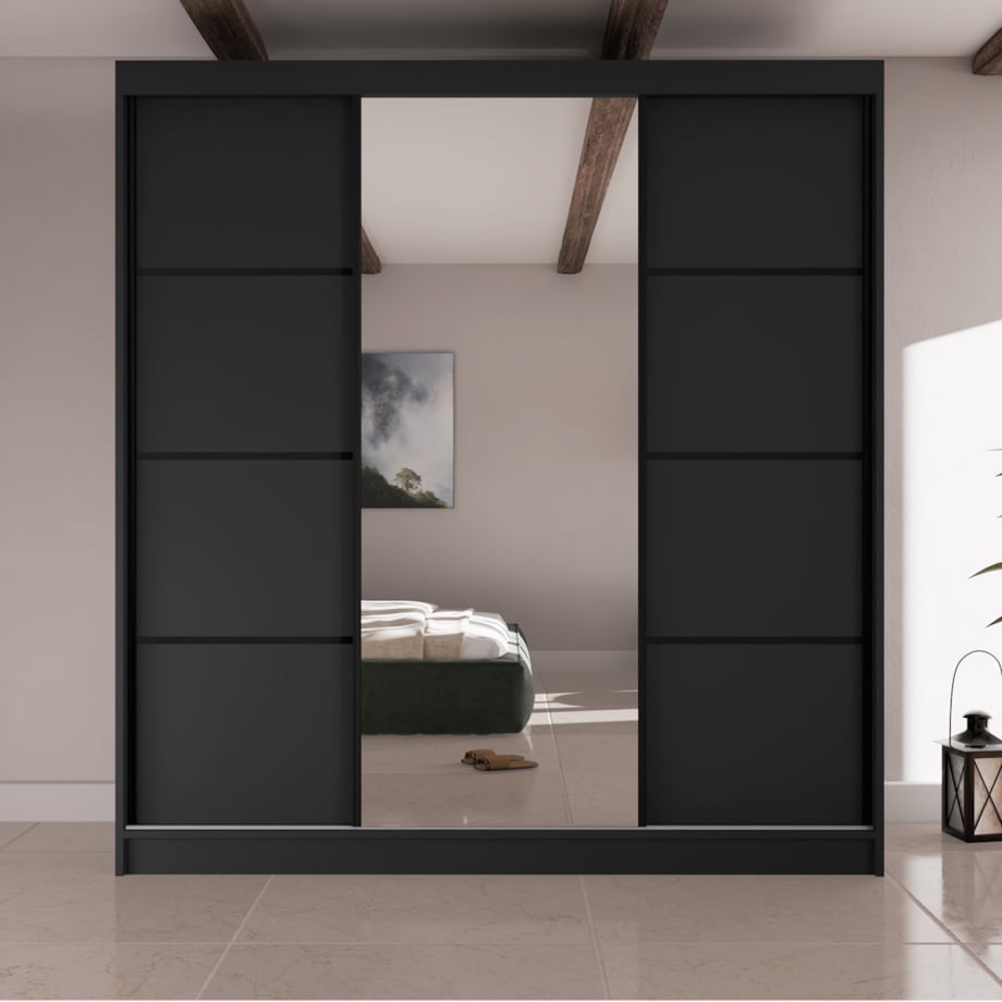 Szafa przesuwna Filo V200 z lustrem, czarne szprosy na frontach - czarna