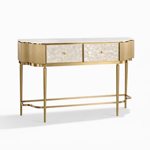 Złota konsola glamour Champion z prawdziwymi muszlami 140x35x86