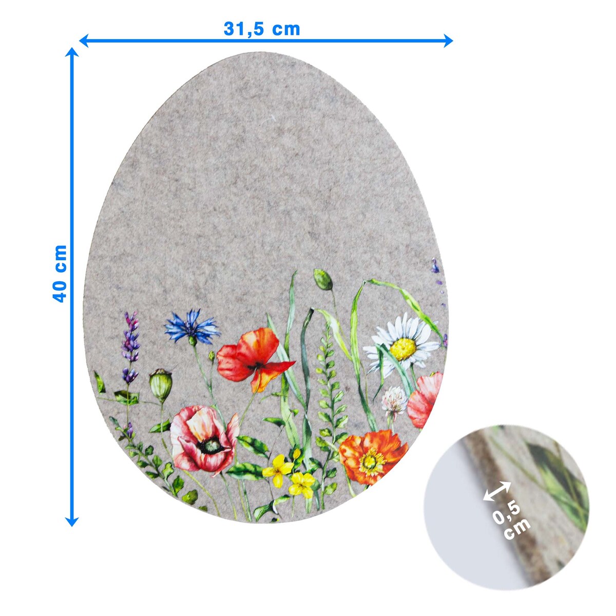 Podkładka Filcowa Wielkanocna Pisanka Na Stół Dekoracyjna Ozdobna Kwiaty Jasnoszara 40X31,5 Cm