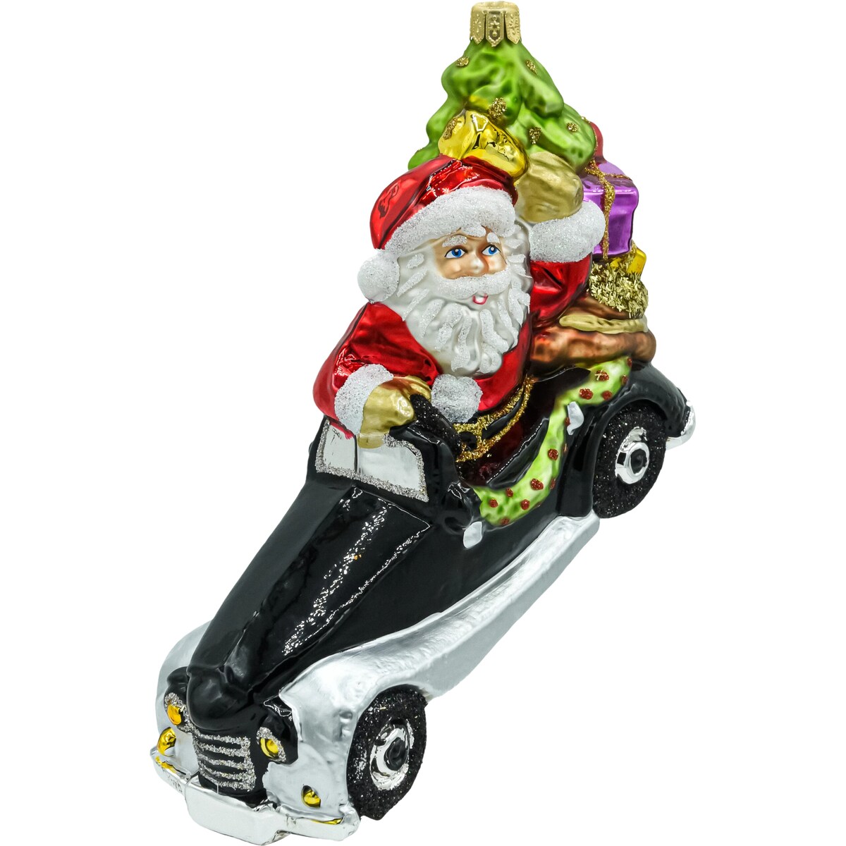 Bombka choinkowa szklana: Mikołaj w aucie retro z prezentami