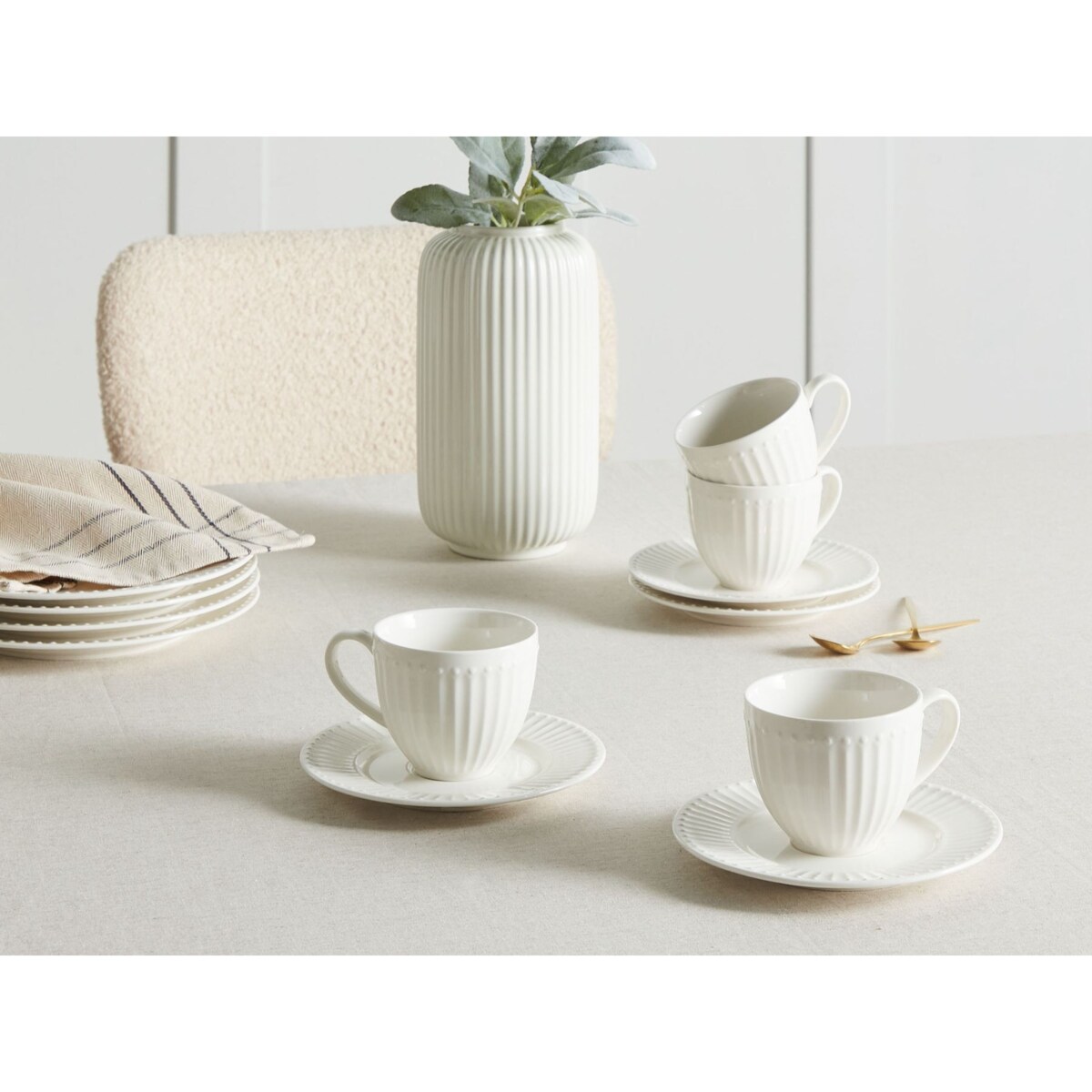 Zestaw 4 filiżanek ze spodkami COWSLIP Porcelana Biały