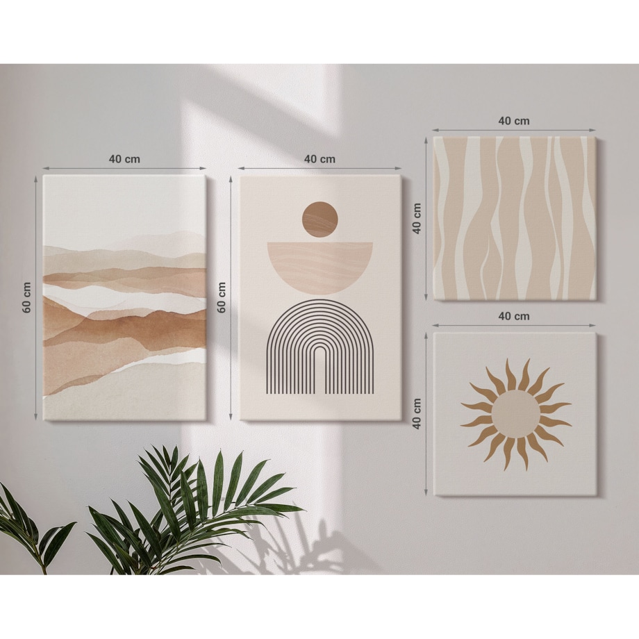 Zestaw 4 obrazów na płótnie - Abstrakcyjny pejzaż natura geometria boho - beżowy